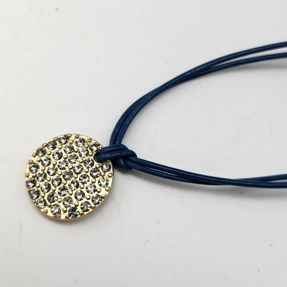 Lia Sophia Spotlight Crystal Pave Coin Gold Tone Pendant Blue Cord Necklace NIB - Picture 1 of 7